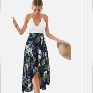 Blooming Jelly Women's Deep V-Neck Sleeveless Asymmetrical Floral Maxie Dress